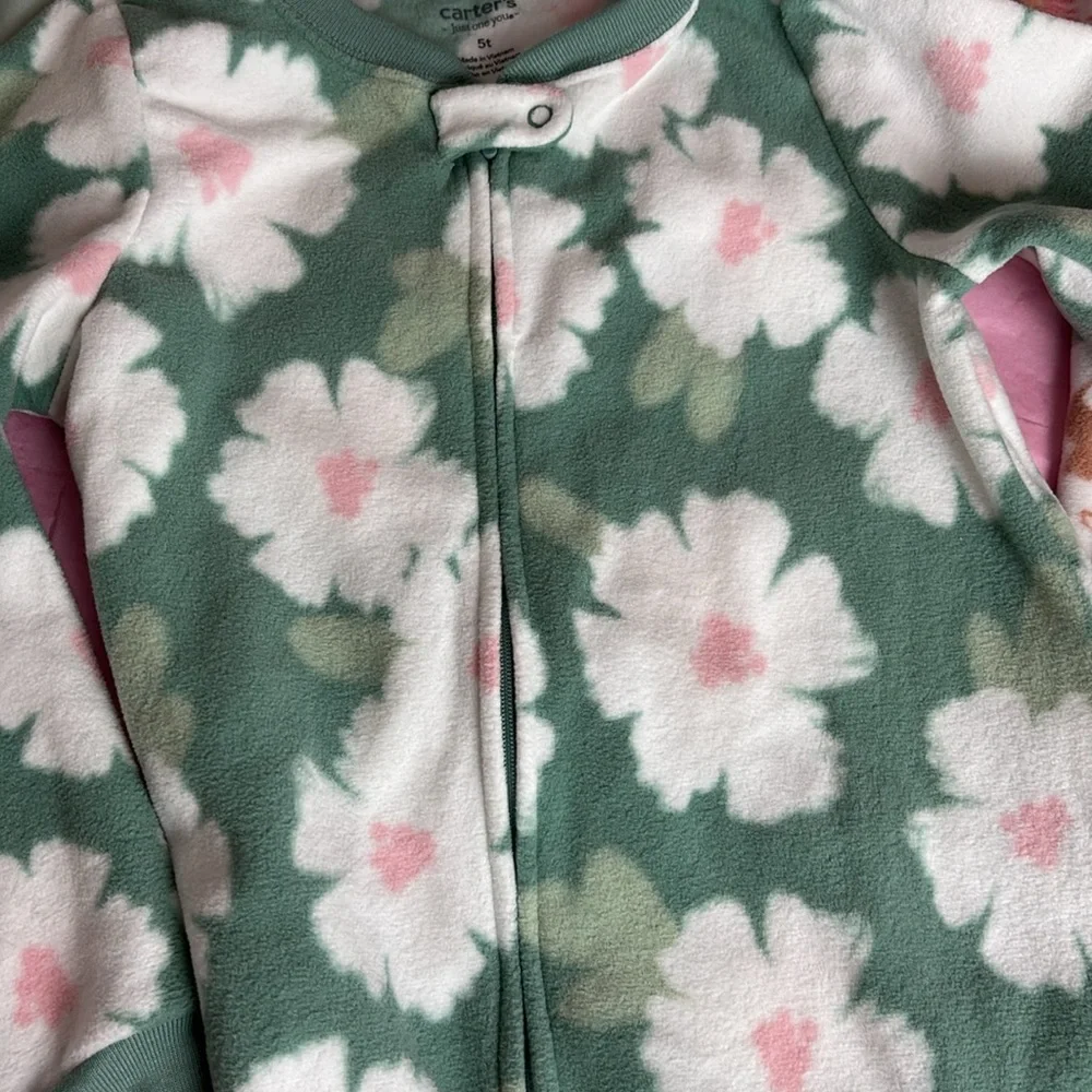 Set of 2 Carter's Fleece Green Pink and Pink White Floral Footie One Pie…